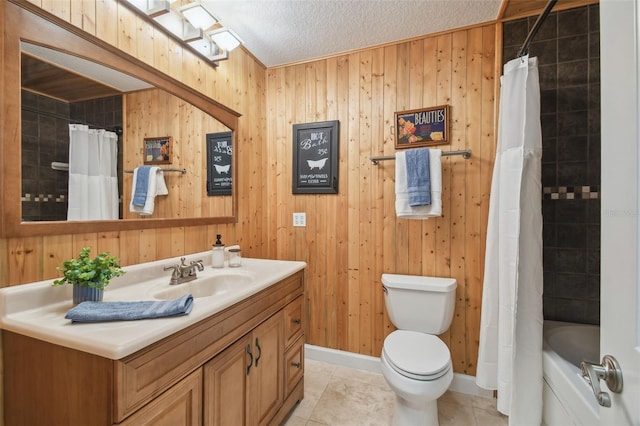 10301 Nina Ct, New Port Richey, FL 34654 - bathroom with vanity, toilet, wooden walls, tile patterned flooring, and shower / tub combo
