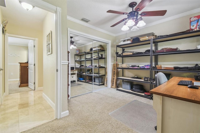 10301 Nina Ct, New Port Richey, FL 34654 - carpeted office space featuring a ceiling fan, ornamental molding, and baseboards