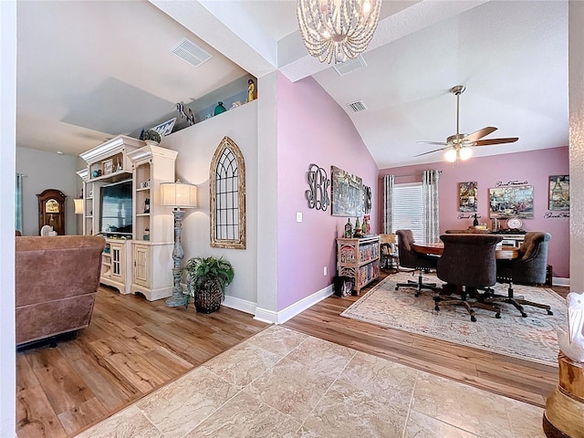 9152 Bunting Rd, Weeki Wachee, FL 34613 - office space featuring wood finished floors, a chandelier, baseboards, a ceiling fan, and high vaulted ceiling
