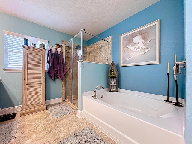 9152 Bunting Rd, Weeki Wachee, FL 34613 - bathroom with a bath, a shower stall, a textured ceiling, and baseboards