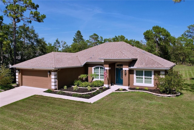 9152 Bunting Rd, Weeki Wachee, FL 34613 - ranch-style house featuring stucco siding, a garage, a front yard, driveway, and roof with shingles