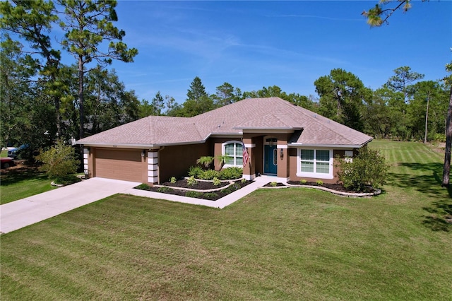 9152 Bunting Rd, Weeki Wachee, FL 34613 - ranch-style home with a garage, driveway, a front lawn, and stucco siding