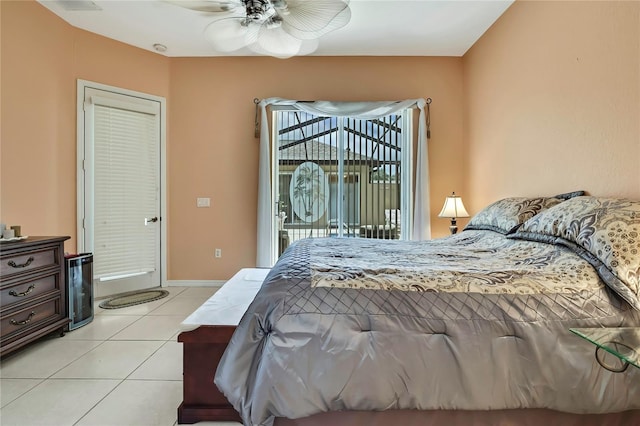 10155 Duffy Cir, Weeki Wachee, FL 34613 - bedroom with access to exterior, light tile patterned flooring, a ceiling fan, and baseboards