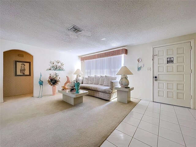 10111 Glen Moor Ln, Port Richey, FL 34668 - living area featuring tile patterned flooring, carpet flooring, and arched walkways
