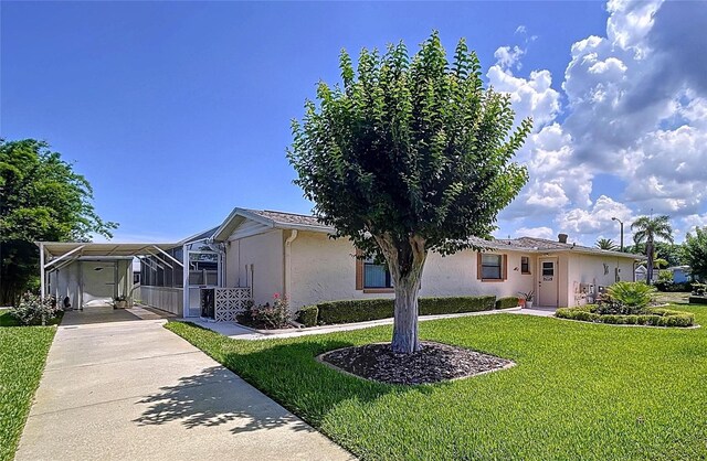 10111 Glen Moor Ln, Port Richey, FL 34668 - view of front of house featuring stucco siding, a front lawn, a carport, and concrete driveway