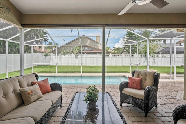 4923 Fort Peck Rd, New Port Richey, FL 34655 - view of pool with a fenced backyard, a patio, a lanai, an outdoor hangout area, and a ceiling fan