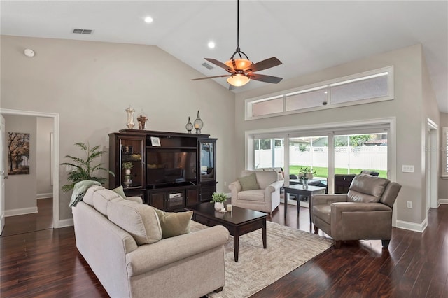 4923 Fort Peck Rd, New Port Richey, FL 34655 - living room with high vaulted ceiling, wood finished floors, a ceiling fan, and recessed lighting