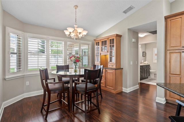 4923 Fort Peck Rd, New Port Richey, FL 34655 - dining space with lofted ceiling, a chandelier, and dark wood-style floors