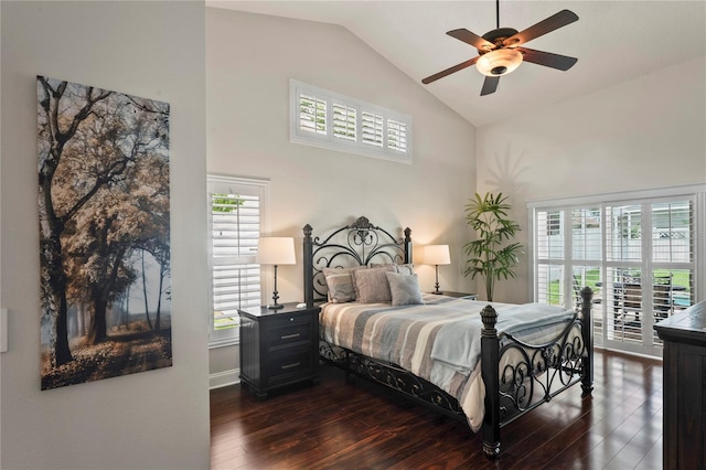 4923 Fort Peck Rd, New Port Richey, FL 34655 - bedroom with high vaulted ceiling, dark wood-style flooring, access to outside, and ceiling fan