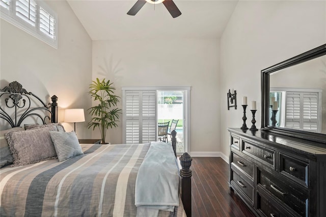 4923 Fort Peck Rd, New Port Richey, FL 34655 - bedroom featuring high vaulted ceiling, dark wood-type flooring, and a ceiling fan