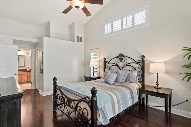 4923 Fort Peck Rd, New Port Richey, FL 34655 - bedroom with hardwood / wood-style floors, high vaulted ceiling, ensuite bath, and ceiling fan