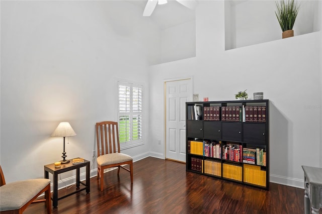 4923 Fort Peck Rd, New Port Richey, FL 34655 - living area with a high ceiling, wood finished floors, and ceiling fan