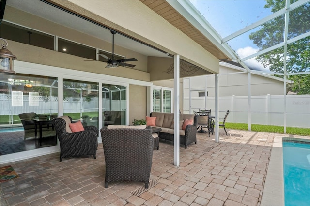4923 Fort Peck Rd, New Port Richey, FL 34655 - view of patio with outdoor lounge area, a ceiling fan, glass enclosure, and outdoor dining space