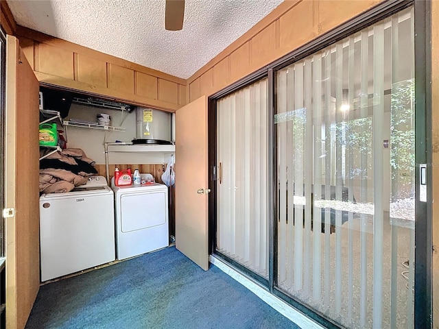 2139 Sea Pines Ct, Spring Hill, FL 34606 - laundry room with washer and dryer, a textured ceiling, carpet, and a ceiling fan