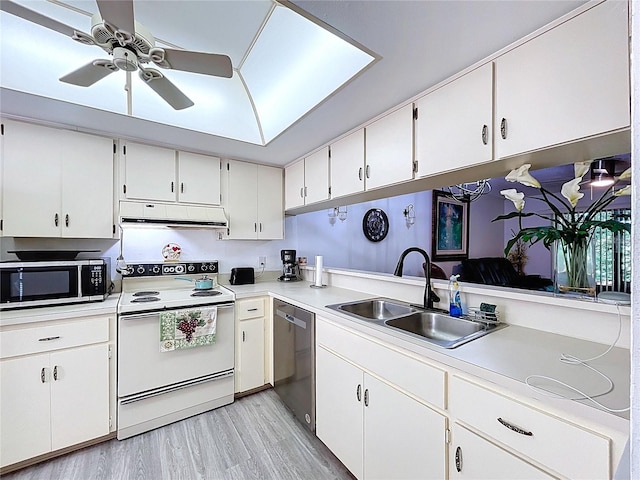 2139 Sea Pines Ct, Spring Hill, FL 34606 - kitchen featuring white electric range oven, dishwasher, under cabinet range hood, a sink, and light wood-style flooring