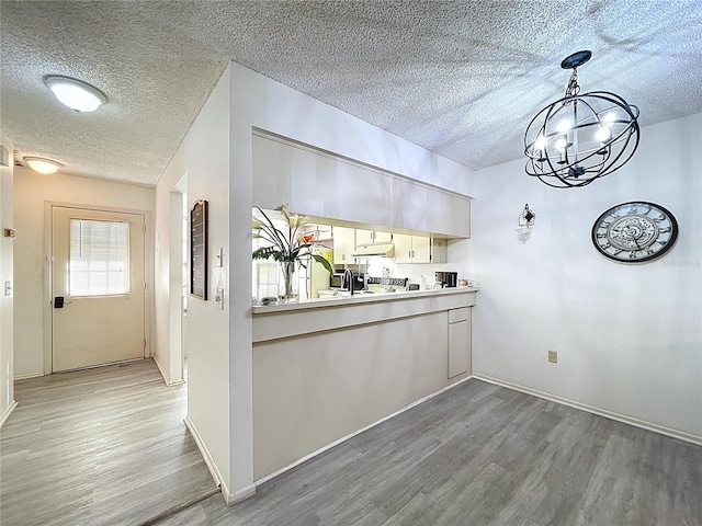 2139 Sea Pines Ct, Spring Hill, FL 34606 - kitchen featuring a textured ceiling, wood finished floors, a chandelier, under cabinet range hood, and baseboards