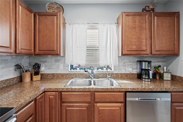 6315 Shane Ln, New Port Richey, FL 34653 - kitchen featuring stainless steel dishwasher, a sink, tasteful backsplash, and brown cabinets