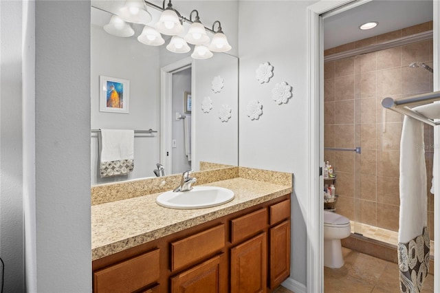 6315 Shane Ln, New Port Richey, FL 34653 - bathroom featuring toilet, a shower stall, vanity, and tile patterned floors