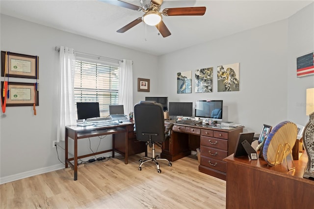 6315 Shane Ln, New Port Richey, FL 34653 - home office with light wood finished floors, a ceiling fan, and baseboards