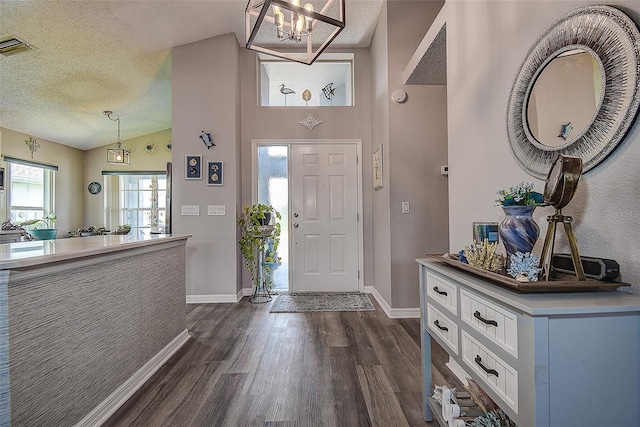 14011 Shoal Dr, Hudson, FL 34667 - foyer entrance featuring dark wood finished floors, a textured ceiling, baseboards, a chandelier, and high vaulted ceiling