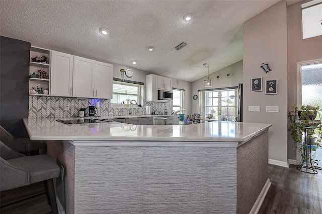 14011 Shoal Dr, Hudson, FL 34667 - kitchen with stainless steel appliances, dark wood-type flooring, light countertops, a peninsula, and open shelves