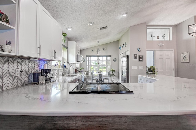 14011 Shoal Dr, Hudson, FL 34667 - kitchen with open shelves, black electric cooktop, a sink, lofted ceiling, and a textured ceiling
