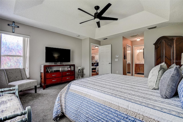 14011 Shoal Dr, Hudson, FL 34667 - bedroom with carpet floors, a textured ceiling, ensuite bathroom, and ceiling fan