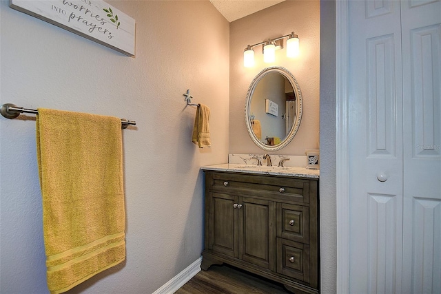 14011 Shoal Dr, Hudson, FL 34667 - bathroom featuring vanity, wood finished floors, a closet, and baseboards