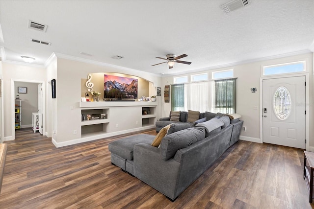 9408 Century Dr, Spring Hill, FL 34606 - living room with ceiling fan, ornamental molding, baseboards, dark wood finished floors, and built in features