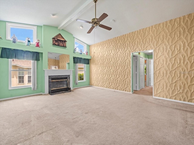10442 Ventura Dr, Spring Hill, FL 34608 - unfurnished living room featuring beamed ceiling, ceiling fan, carpet flooring, a fireplace with flush hearth, and high vaulted ceiling