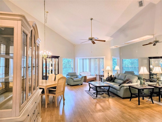 3627 Muirfield Ct Unit 3627, New Port Richey, FL 34655 - living room with high vaulted ceiling, a ceiling fan, wood finished floors, and a chandelier