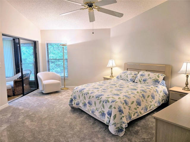 3627 Muirfield Ct Unit 3627, New Port Richey, FL 34655 - carpeted bedroom with a textured ceiling, baseboards, ceiling fan, access to outside, and vaulted ceiling