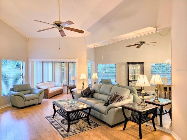 3627 Muirfield Ct Unit 3627, New Port Richey, FL 34655 - living room with high vaulted ceiling, a ceiling fan, light wood-style floors, and baseboards