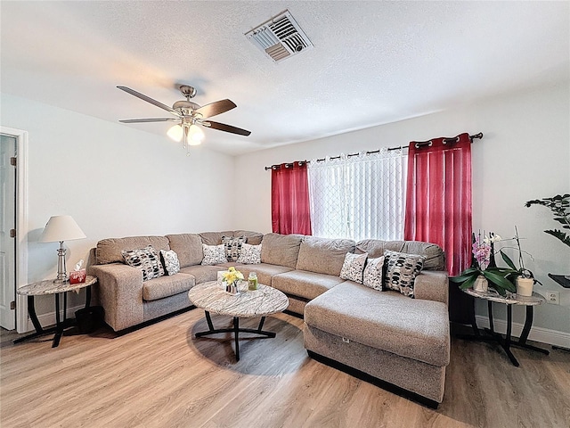10411 Ireland St, Spring Hill, FL 34608 - living area featuring light wood finished floors, ceiling fan, baseboards, and a textured ceiling