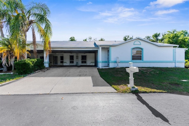 4221 San Rafael Ave, New Port Richey, FL 34655 - ranch-style home with concrete driveway, a carport, a front lawn, and stucco siding