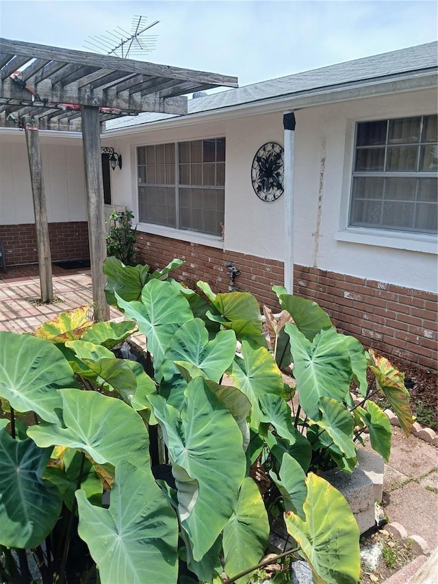 9516 Glen Moor Ln, Port Richey, FL 34668 - view of exterior entry with brick siding, a pergola, and stucco siding