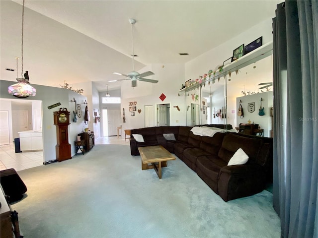 9200 Turnberry Ct, New Port Richey, FL 34655 - living area with carpet flooring, ceiling fan, and vaulted ceiling
