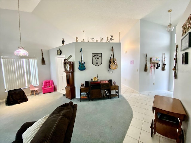 9200 Turnberry Ct, New Port Richey, FL 34655 - living room featuring light tile patterned floors and lofted ceiling