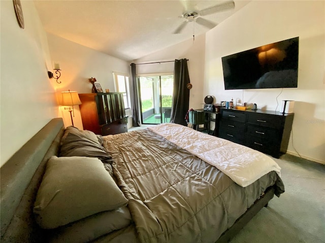 9200 Turnberry Ct, New Port Richey, FL 34655 - bedroom with vaulted ceiling, carpet flooring, access to outside, and a ceiling fan