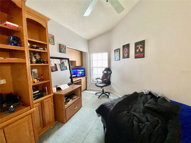 9200 Turnberry Ct, New Port Richey, FL 34655 - home office featuring light carpet, lofted ceiling, a ceiling fan, and a textured ceiling