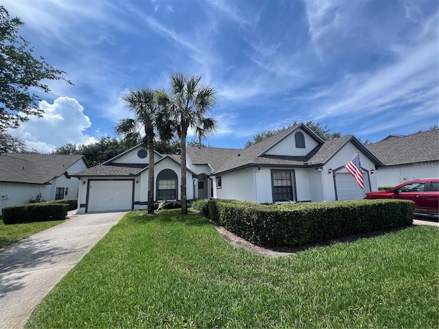 9200 Turnberry Ct, New Port Richey, FL 34655 - single story home with stucco siding, a garage, driveway, a front lawn, and a shingled roof