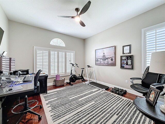 13248 Linzia Ln, Spring Hill, FL 34609 - office area with wood finished floors, a ceiling fan, and baseboards