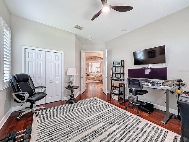 13248 Linzia Ln, Spring Hill, FL 34609 - home office with wood finished floors, a ceiling fan, baseboards, and plenty of natural light