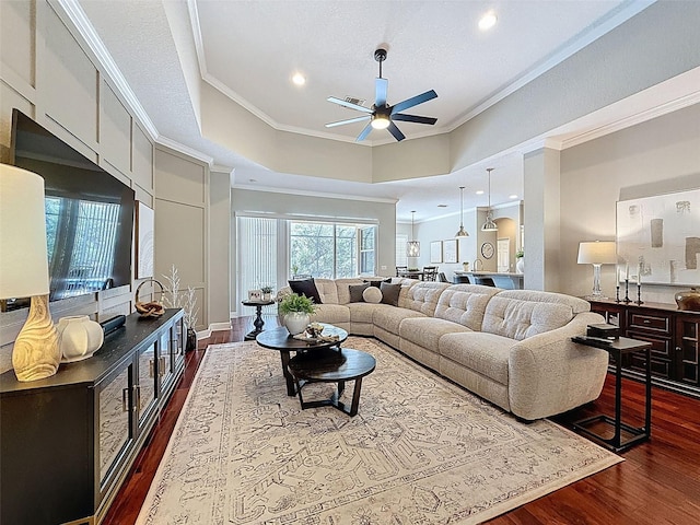 13248 Linzia Ln, Spring Hill, FL 34609 - living room with a ceiling fan, dark wood finished floors, ornamental molding, and recessed lighting