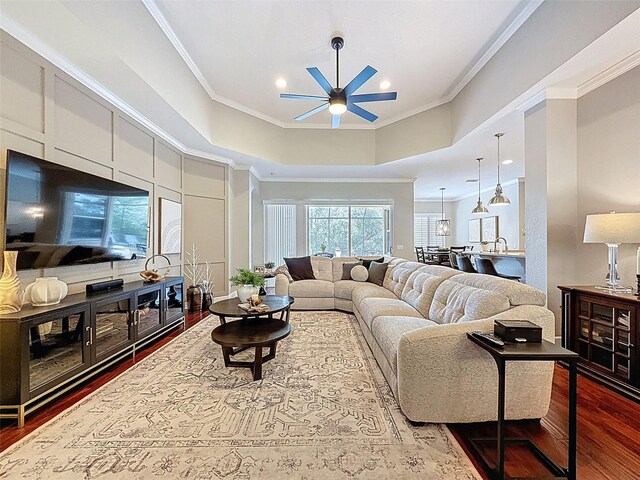 13248 Linzia Ln, Spring Hill, FL 34609 - living area with ceiling fan, dark wood-style flooring, crown molding, and recessed lighting