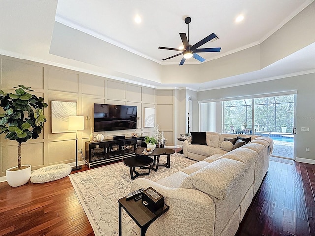 13248 Linzia Ln, Spring Hill, FL 34609 - living area with dark wood-style flooring, ceiling fan, ornamental molding, a decorative wall, and recessed lighting