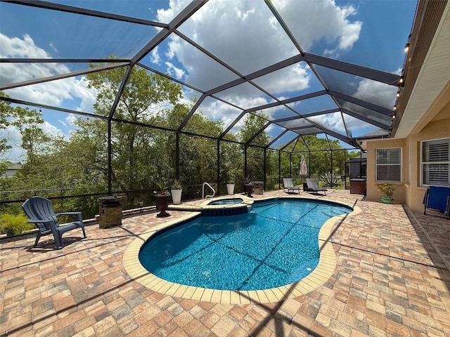 13248 Linzia Ln, Spring Hill, FL 34609 - view of swimming pool with a patio area, a pool with connected hot tub, and glass enclosure