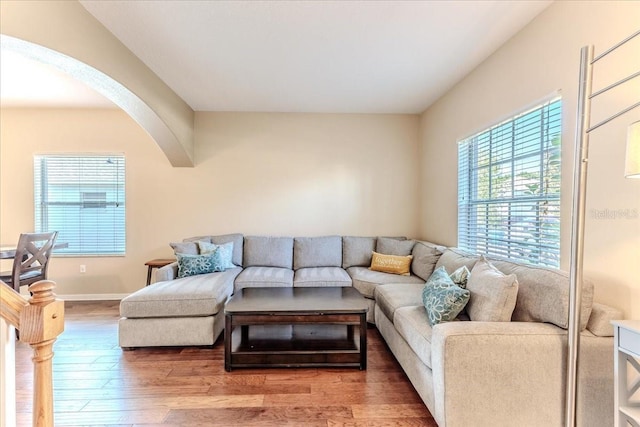 4094 Braemere Dr, Spring Hill, FL 34609 - living room featuring arched walkways, wood finished floors, and baseboards