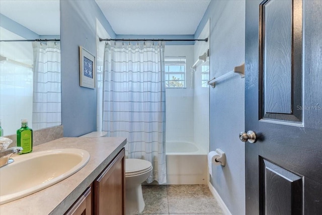 4094 Braemere Dr, Spring Hill, FL 34609 - full bathroom with vanity, toilet, shower / bathtub combination with curtain, tile patterned floors, and baseboards