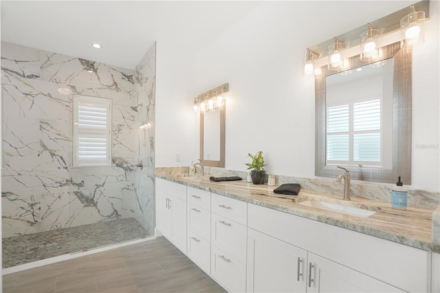 10380 Yellow Hammer Rd, Weeki Wachee, FL 34614 - bathroom with a marble finish shower, double vanity, and recessed lighting